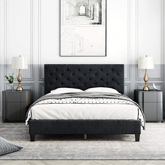 Velvet Upholstered Platform Bed with Adjustable Diamond Button Tufted & Nailhead Trim Headboard,Black