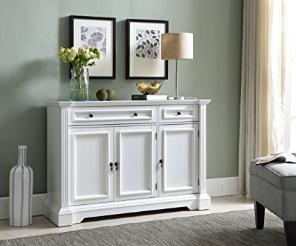 White Finish Wood Buffet Breakfront Cabinet Console Table With Storage, Drawers, Shelves